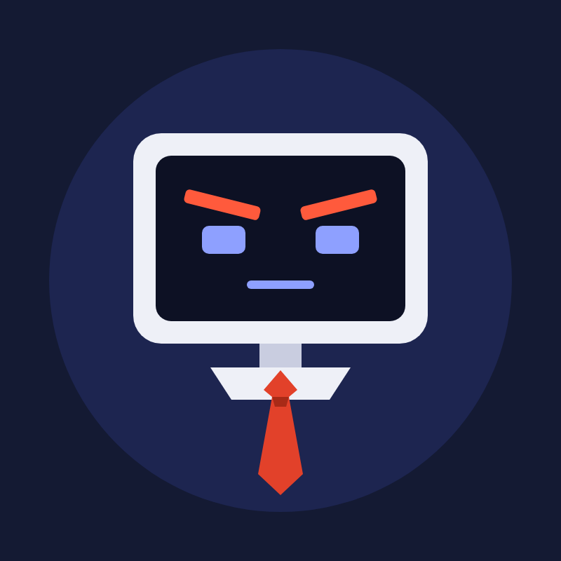 The AI Boss mascot, a stern computer monitor in a red tie